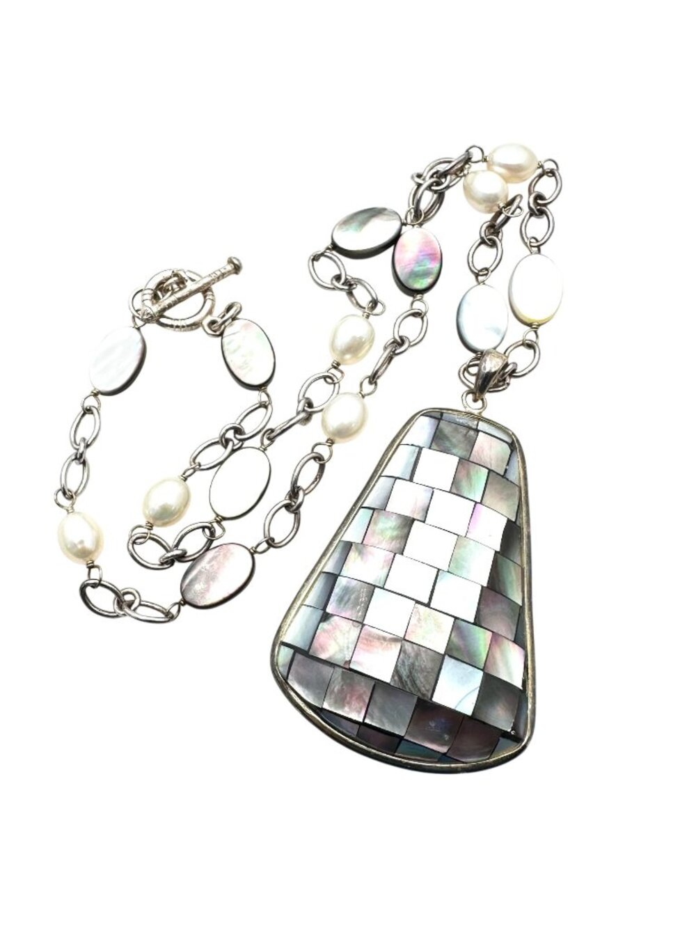 Womens Necklace Sterling Silver Inlay Pearl Pendant LUC 925 Designer